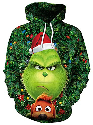 Pull à capuche imprimé numérique 3D avec motif monstre en fourrure verte pour Halloween Noël