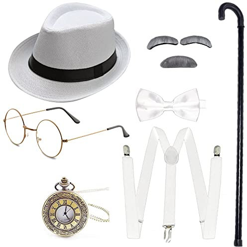 Gionforsy 20er Jahre Herren Kostüm Accessoires Set Gatsby 1920s Mafia Zubehör Set mit Hut Brille Hosenträger Fliege Taschenuhr Stock Bart für Great Gatsby Party Halloween Karneval Fasching (Weiß)