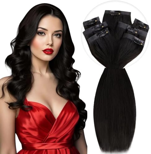 Vivien Nahtlos Clip in Extensions Echthaar Schwarz PU Clip Echthaar Extensions Schwarz Menschliches Haar 7Pcs 120g 40cm