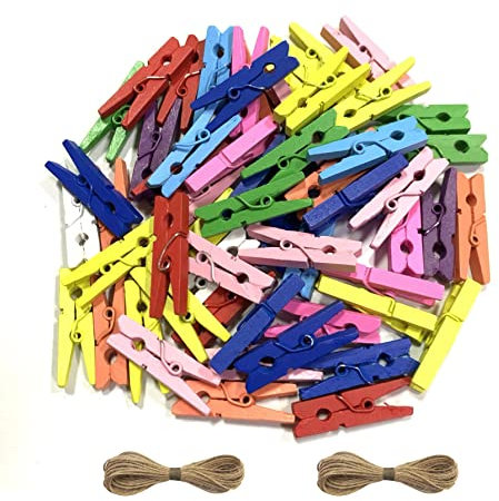 Lot de 200 épingles à linge en bois colorées, 10 couleurs avec ficelle de jute de 20 m, pinces arc-en-ciel pour photos, photos, vêtements (3,5 cm)
