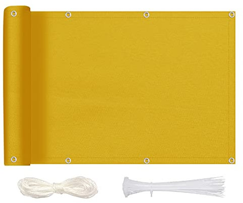 MEEYI Sichtschutz Balkon Sichtschutz 90x100cm, Balkonbespannung Blickdichte Wind- und UV-Schutz Wetterfest 100% Privatsphäre Balkonverkleidung mit Ösen, Nylon Kabelbinder und Kordel, Gelb