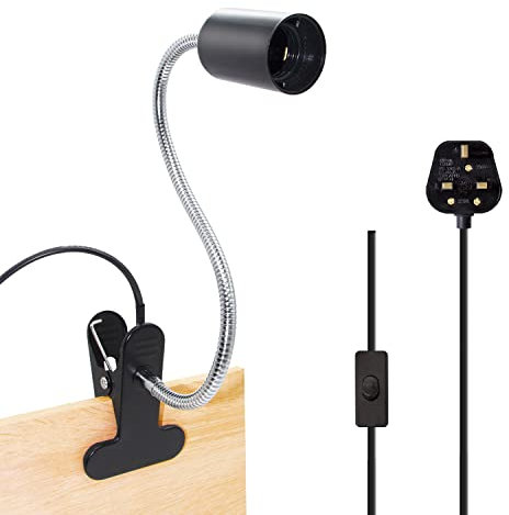 Clip on Desk Lamp E27 Lamp Holder, Black Clamp Light with 35 cm Long Rotatable Gooseneck and 220 cm Cable Switch Clip on Light with Plug for Bedroom, 60 W (Bulb not Included)