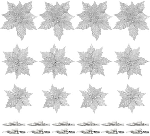Toddmomy 12Pieces Christmas Glitter Poinsettia Flowers, Artificial Poinsettia Decorations Christmas Tree Floral Ornaments with Stems and Clips for Xmas Holiday Seasonal Decorations, Silver
