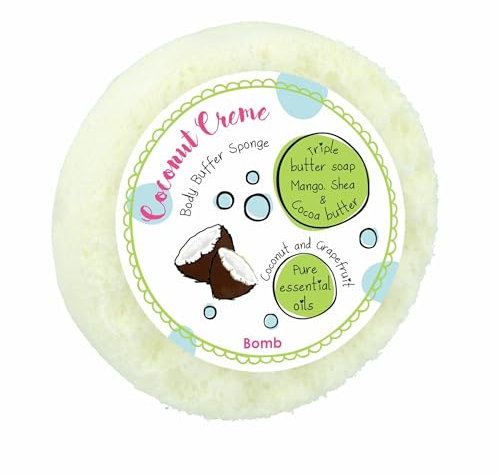 Bomb Cosmetics Body Buffer Soap Infused Sponge 2 in 1 Cleanse Exfoliate Moisturising Triple Butter Soap Sponge with Soap Inside Coconut Creme