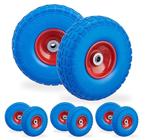 Relaxdays 8 Stück Schubkarrenreifen Pannensicher Vollgummi 4.1/8.9-10.2 cm 16mm Achse Ersatzrad Blau/Rot