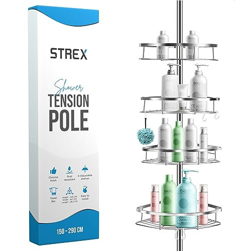 Strex Teleskop Duschregal Edelstahl - Höhenverstellbar 70-275 cm - 4 Körbe - Robuste Qualität - Befestigung ohne Bohren oder Schrauben - Teleskop-Duschregal Ecke