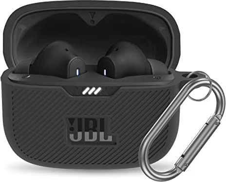 YIPINJIA Funda para JBL Tune 230NC TWS, funda protectora de silicona portátil resistente a los arañazos compatible con JBL 230NC funda de carga con mosquetón (negro)