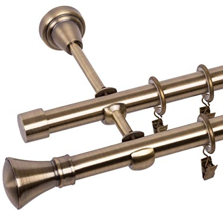 RENA Gardinenstange Vorhangstange 2-läufig - 19 mm - aus Metall - Lautlose Rollen - Komplettset - Antik Gold 360cm |Monako