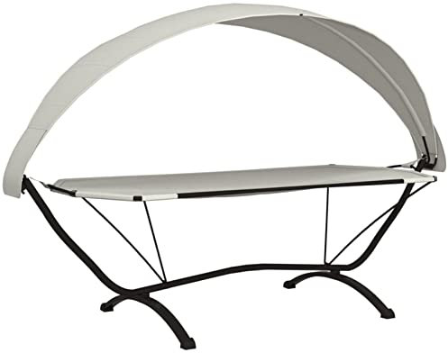 Sonnenliege mit Dach, XIAOGUANG Gartenliege, Sonneninsel, Liege, Doppelliege, Gartenbett, Hängebett, Gartenmöbel, Outdoorbett, Creme Stahl und Oxford-Gewebe
