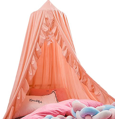 Surwin Betthimmel Madchen Jungen Babybett, Moskitonetz Baldachin mit Spitze Kinderzimmer Einzelbett Himmel Schlafzimmer Dekoration Spielzelte Kinder Geschenk, Ohne Bohren (Orange)