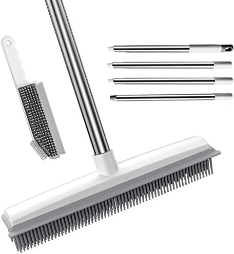 2 in 1 Pet Hair Removal Rubber Broom with Squeegee, Carpet Brush with Adjustable Long Handle Outdoor Soft Push Broom for Pet Cat Dog Hair Removal Carpet Floor Cleaning