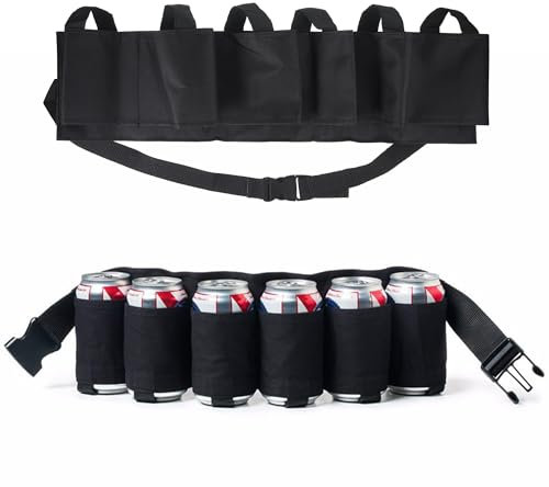 Beer Belt - 6 Pack Portable Bottle Waist Holster for Drinks, Soda, Bottles, Beverage - Outdoor Mountaineering, Camping, Hiking, Party Accessory - Black