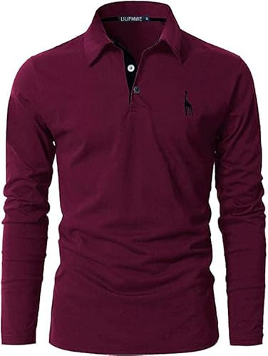 LIUPMWE Mens Polo Long Sleeve Shirt Cotton Golf Giraffe Tennis T-Shirt Tops,Red-09,M