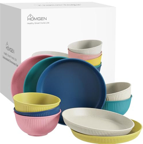 HOMGEN Juego de platos y cuencos de camping, paquete de 10 platos y cuencos de plástico ligero para 5 irrompibles, juego de vajilla de cocina de picnic para niños, platos coloridos y juegos de