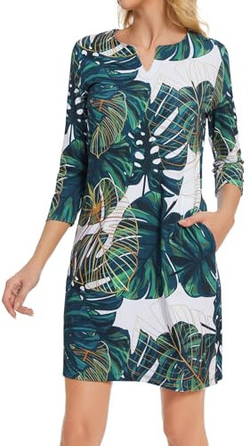 Lightbare Damen Kleid mit 3/4-Ärmeln und Taschen, LSF 50+, lässiges Sonnenkleid, atmungsaktiv, schnell trocknend, für Strand, Wandern, Outdoor, Party, Grünes Blatt, Groß