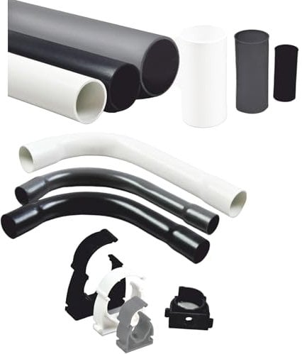 PVC Installationsrohr M22, 15 Meter Kabelrohr starr + 14x Muffen, 3x Rohr Bogen 90°, 10x Klemmschelle, Schwarz