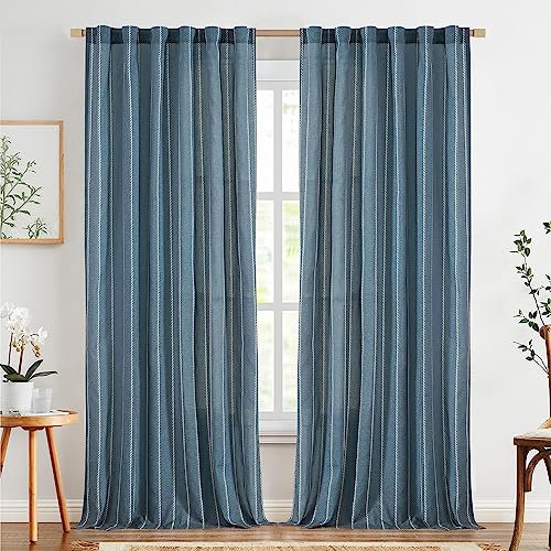 TOPICK 2er Set H 225 x B 140 (cm) Gardinen in Blau für Wohnzimmer Schlafzimmer Küche Leinen Gestreifte Vorhänge Streifen Gardinen mit Tunnelzug Landhausstil Moderne Halbtransparent Vorhänge