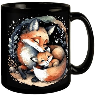 Fuchsfamilie Tasse schwarz in Schwarz Süßes Jungtier Fuchsmama Motiv Baby Fuchs Bau Umsorgte Fuchsfamilie