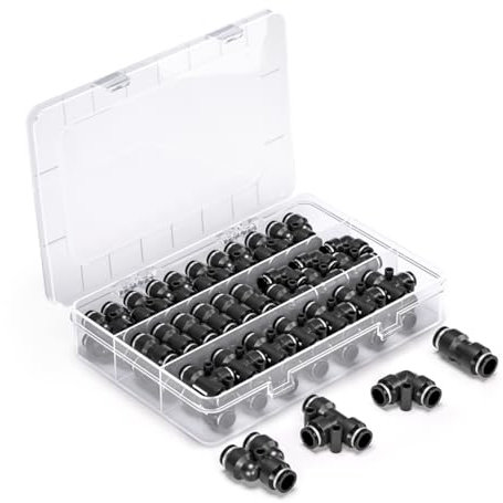 Innfeeltech 60 Stück 4mm Schwarz Push-to-Connect Pneumatik Fitting Kit,15 gerade,15 Splitter,15 Winkel,15 T-Typen Schnellspanner Pneumatische Steckverbinder