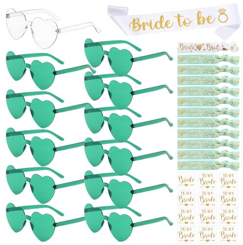 YSUVIN JGA Accessoires Frauen, 37 Stück Junggesellenabschied Frauen mit 1 Bride to be Schärpe, 12 Herz Sonnenbrille, 12 Bride Tattoo Aufkleber, 12Bride Armband, Grün
