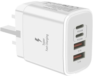USB C Plug,40W 4-Port Fast Charger Plug UK Dual Port PD Power Adapter + QC Multi Mains Wall Charger Type C Charging Plug for iPhone 15 14 13 12 11 Pro Max XS XR,Samsung, iPad,AirPods,Fast Charger Plug