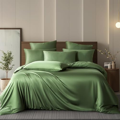 Boqingzhu Sommerbettwäsche 200×220 cm Bambus Grün Dunkelgrün Kühlende Allergie Bettwäsche Set Anti Milben Bettbezug mit Reißverschluss und 2 Kissenbezüge 80x80cm