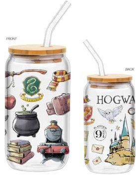 Silver Buffalo Harry Potter Hogwarts Platform 9 3/4 Gryffindor Hedwig Glass Jar Tumbler with Bamboo Lid and Glass Straw, 16 Ounces