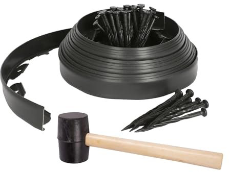 1x Bordures de Pelouse et de Chemin en Plastique Flexible avec 40 Piquets et Maillet - 10m x 4cm - Noir - Jardin Herbe Fleur Plante Lit Pierre Frontière Bord Rouler - par Harbour Housewares