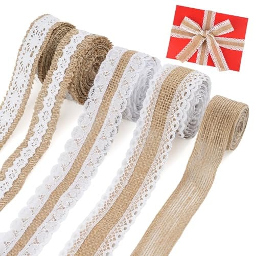 Juteband Spitzenband, 5 Rollen 2M Juteband mit Spitze, Natürliche Juteband für Geburtstag Party Hochzeit Weihnachten Tischdeko DIY Basteln
