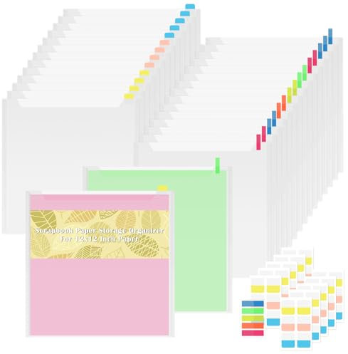 BSTKEY 30 Pcs Clear Scrapbook Paper Storage Organizer Photo Storage, Coverless File Paper Bag Cardstock Organizer Vinyl Paper Holder with 160 Sticky Index Tabs