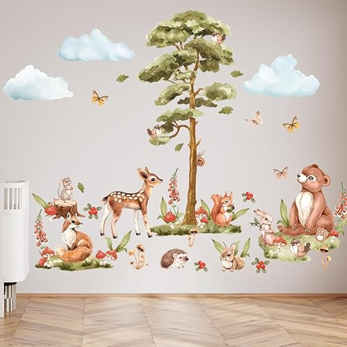 Wally Fox Wandtattoo Kinderzimmer Deko Wandtattoo Kinderzimmer Mädchen und Junge Wanddeko Wandaufkleber für Baby Grün, Braun, Rot Waldtiere, Teddybär, Fuchs, Hirsch, Baum