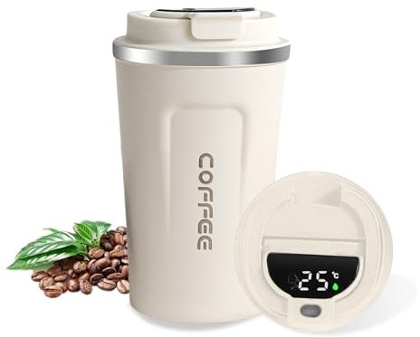 AMFUN Taza de café 380ML, Blanco Taza de Viaje de Acero Inoxidable, Taza de Automóvil de Doble Pared de Aislamiento Taza con Pantalla Inteligente Indicador de Temperatura