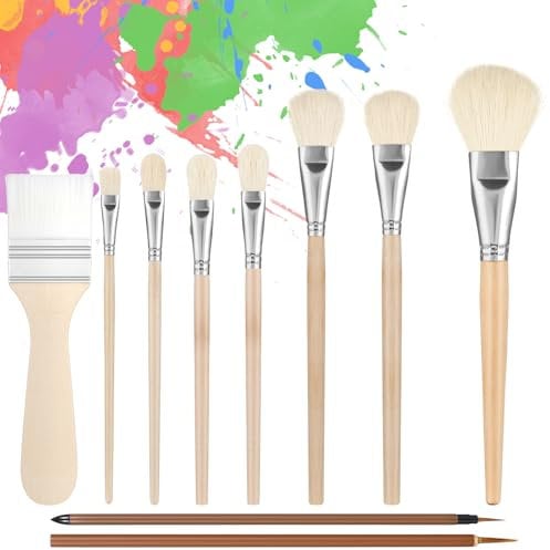cobee 10 Pcs Acrylic Paint Brushes, Mop Brush Blending Brush With Wooden Handle, Assorted Size Artist Paint Brushes For Acrylic Painting Watercolor Foil Gold Oil Painting Face Body Art