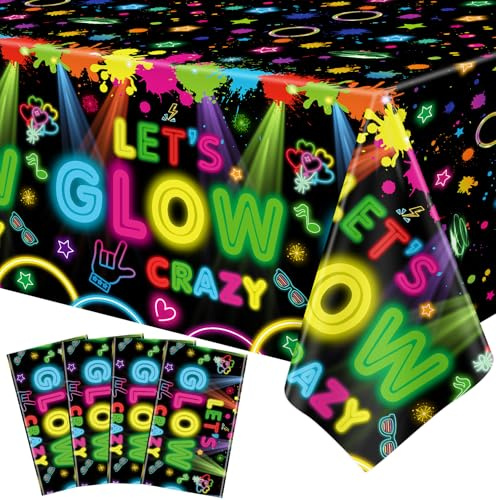 4 Stück Einweg Neonlicht Tischtuch Lasst uns Glänzen Tischdecken Leuchtend Partei Tischdecke Wasserdicht Farbiges Splash Graffiti Tischtuch für Glühen Thema Geburtstag Partei Dekorationen 130 x 220 cm