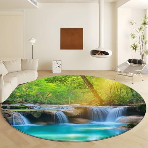 Waschbare Runde Teppiche 60 cm, Landschaftsfotografie Wasserfall Dschungel Rutschfester Runder Teppich für das Wohnzimmer, Grün Weicher Niedrigfloriger Teppich für unter den Esstisch