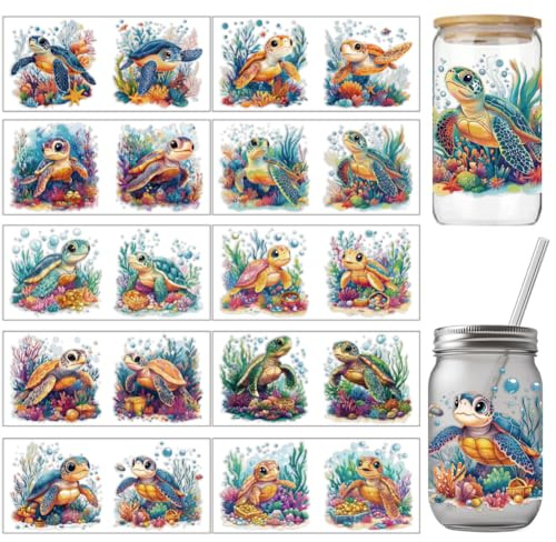 arricraft UV DTF Transferaufkleber Für Tassen Schildkröten 10 Stück Transferpapier Mit Meerestieren Und Pflanzen Zum Aufreiben PVC Becher Wasserdichte Abziehbilder Für Tassengläser