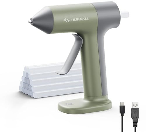 Tilswall 4V Glue Gun Cordless, Mini Glue Gun for Crafting with Rapid 30s Preheat, 2000mAh Type-C Rechargeable, and 20 Glue Sticks, Anti-drip Nozzle, Auto Shut-Off - Olive-Green