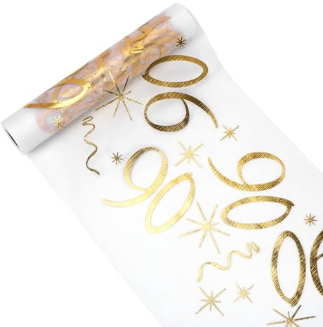 Tischläufer 90 Geburtstag, Tischdeko Geburtstag 28 cm x 10 m, Tischläufer Gold Rolle, Deko 90. Geburtstag Frau Mann, Tischdecke Tischband für Geburtstag Jahrestag Feier Party