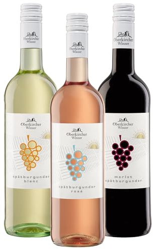 Oberkircher Winzer Wein-Probierpaket - GENUSSWEINE - Spätburgunder Blanc de Noir Weißwein trocken, Spätburgunder Rosé trocken & Merlot-Spätburgunder Rotwein halbtrocken (3 x 0,75l)