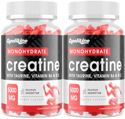Gominolas de Creatina Monohidratada 5000 mg, Máxima Potencia con L-Taurina, B12 y B6, Potenciador Preentrenamiento Fácil, Más Práctico que el Polvo, Sabor a Bayas, Vegano, 60 Unidad (Paquete de 2)