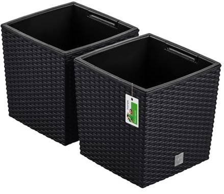 PAFEN 2X Blumentopf Blumenkübel Rattan-Optik 15,8 Liter - 26,5 x 26,5cm - Pflanzkübel mit Einsatz, Übertopf für Garten, Balkon & Innenbereich, wetterfest, Kunststoff, Anthrazit