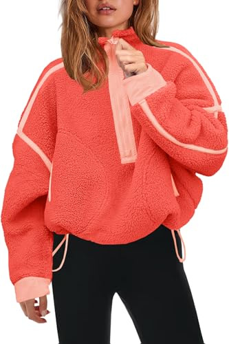 Panadila Felpa da Donna in Pile Sherpa con Mezza Zip, Morbida, Oversize, con Tasche, Calda e pelosa, Neon Coral Combo, Small