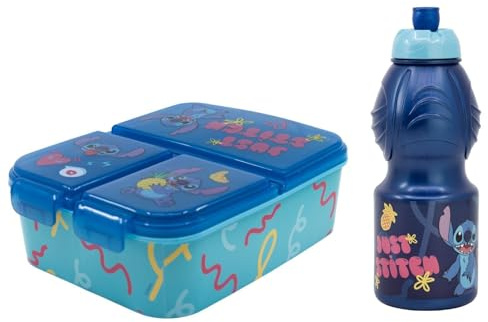 Disney Stitch Kinder Lunch Set – 2-teilig mit Brotdose (3 Kammern) & Trinkflasche (400 ml) – Offizielles Lizenzprodukt – Perfekt für Schule, Kindergarten & Ausflüge