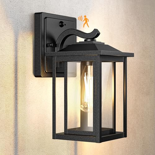 Wondlumi Außenlampe mit Bewegungsmelder E27 Glas IP44 Schwarz Metall 1er | Wandlampe Bewegungssensor Kellerlampe Industrial 3 Beleuchtungsmodi 230V Haustür Garage Garten Hof ohne Leuchtmittel