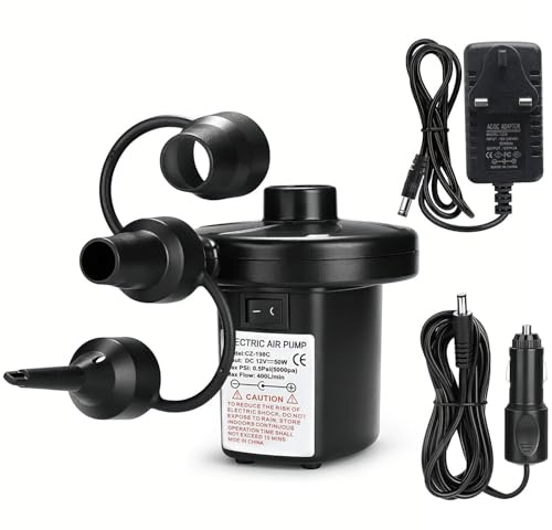 Electric Air Pump with 3 Nozzles, Portable Quick Fill Inflator Deflator Pumps, 110V-240 AC/12V DC for Outdoor Camping, Inflatable Cushions, Air Mattress Beds, Boats, Swimming Ring Beach Toys