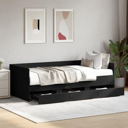 Runheo Tagesbett mit Schubladen, Schwarz, 75x190 cm Liegefläche, Ausziehbar zum Doppelbett, Holzwerkstoff Bettgestell, Praktisches Schlafsofa für Gäste, Zusätzlicher Stauraum, Modernes Design