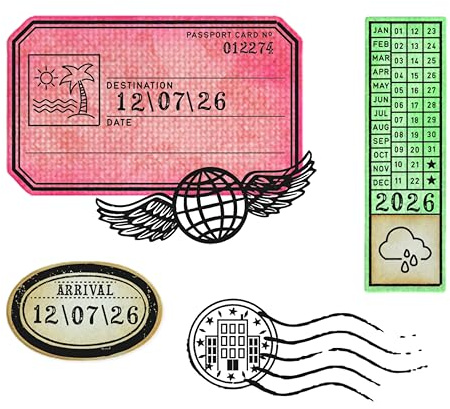 Sizzix Transparentes Stempel-Set mit Framelit-Stanzformen, Globetrotter's Mark von 49 & Market, 62 Gummistempel und 4 Stanzformen