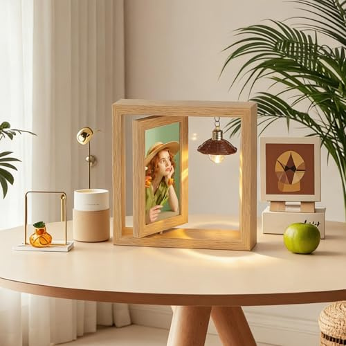 Bilderrahmen Holz 10x15, Drehbarer Fotorahmen mit Licht, Holz Bilderrahmen | Holzbilderrahmen Doppelseitig 2 Fotos mit Acrylplatte Bilderrahmen Zum Aufstellen Foto Rahmen Photo Frame Beidseitig Sichtbar
