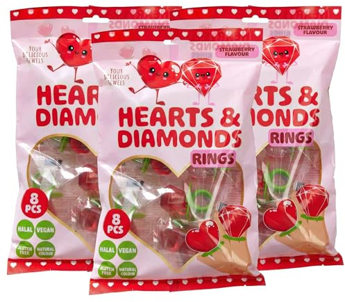 MIJOMA Lollipop-Ring Set 3x80 g – Erdbeer-Lutscher einzeln verpackt – Herz- sowie Diamantform – vegan halal glutenfrei für Candy-Bar und Feiern