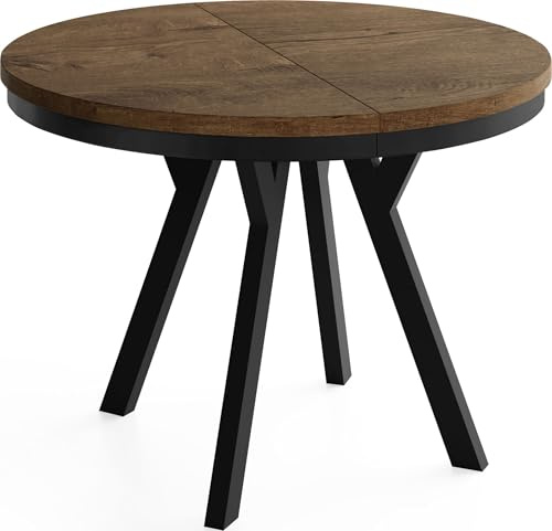 WFL GROUP Runder Ausziehbarer Esstisch im Loft-Stil – Verlängerbarer Tisch mit Schwarzen Holzbeinen & Metallring – Platzsparender Esstisch für Wohnzimmer – Eiche Braun Rustikal – 90 bis 190 cm